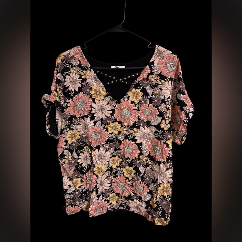 Maurices Floral V-Neck Top - Black, Pink, Yellow